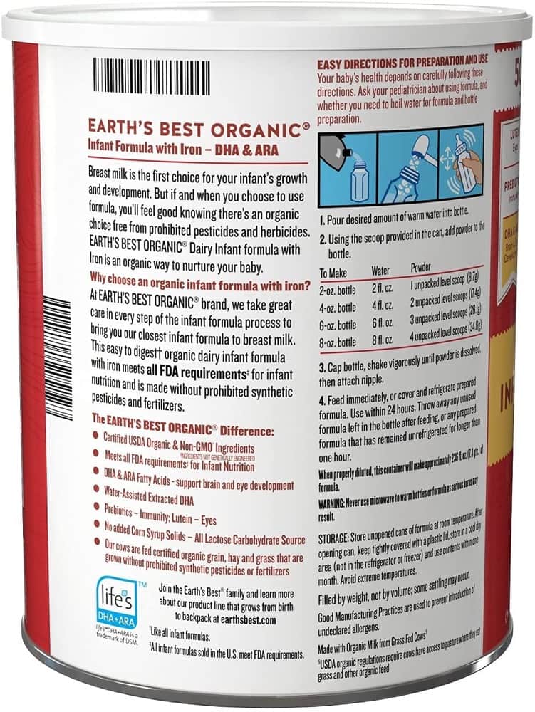 Sữa bột Earth’s Best Organic Dairy Infant Powder Formula 658g cho bé từ 0 - 12 tháng tuổi - Hình ảnh 5