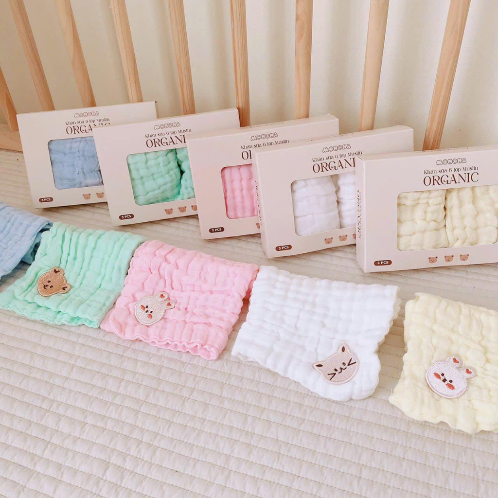Set 3 khăn sữa 6 lớp xô nhăn Momona Organic cho bé