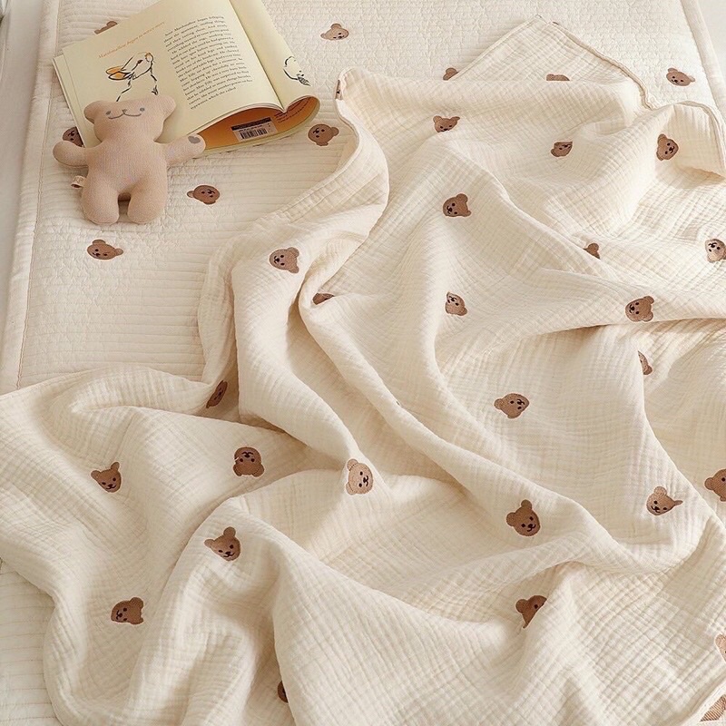 Chăn Gối Xô Muslin Tree Cao Cấp Họa tiết Gấu Nâu Phong Cách Hàn Quốc