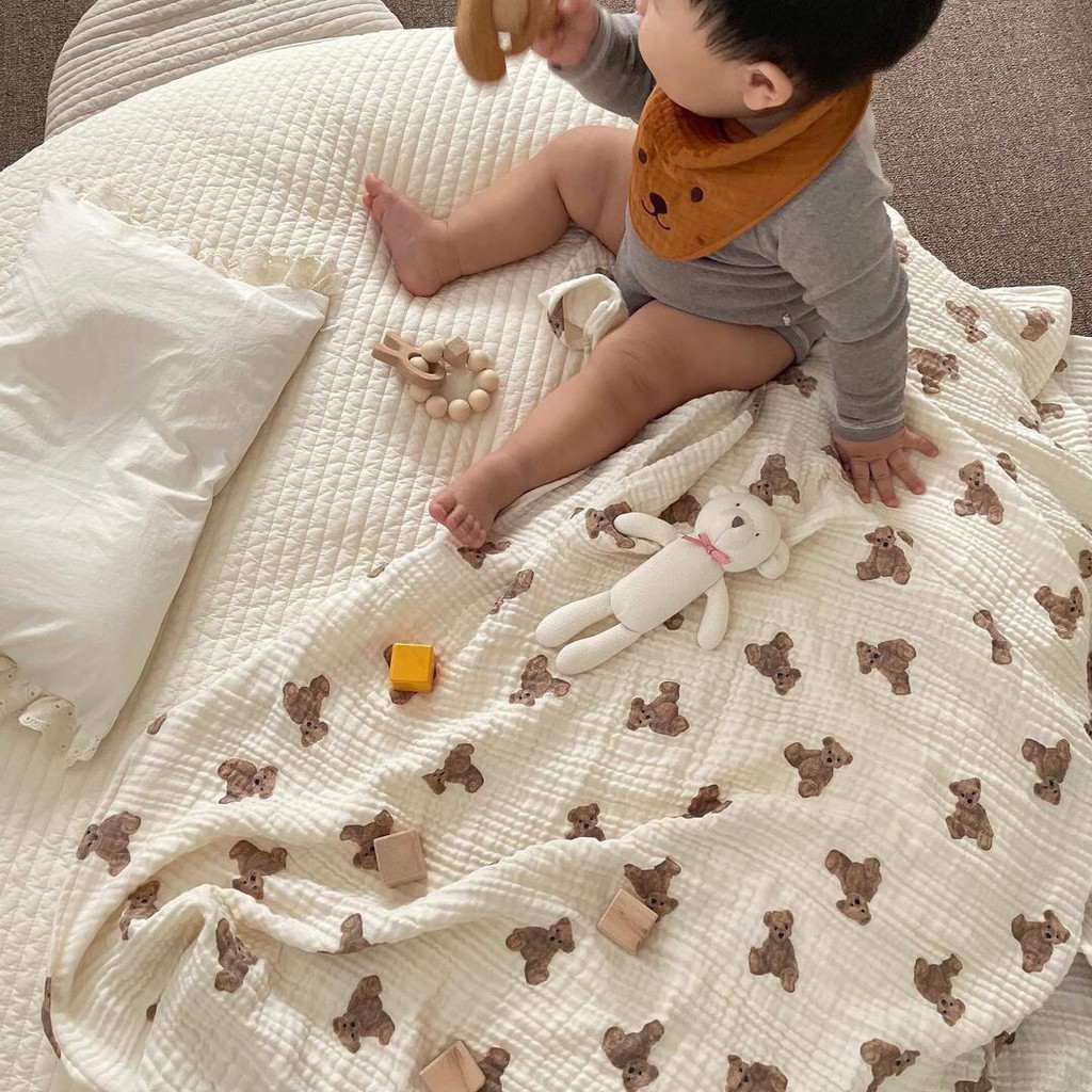 Chăn Gối Xô Muslin Tree Cao Cấp Họa tiết Gấu Nâu Phong Cách Hàn Quốc - Hình ảnh 4